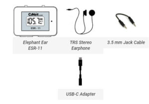 Elephant Ear ESR-11<br> + TRS Stereo Earphone with 3.5 mm jack<br> + TRRS Cable with 3.5 mm jacks (both ends) for connecting Elephant Ear with cell phone for recording<br> + USB-C cable adapter