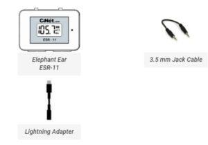 Elephant Ear ESR-11<br> + TRRS Cable with 3.5 mm jacks (both ends) for connecting Elephant Ear with cell phone for recording<br> + Lightening cable adapter